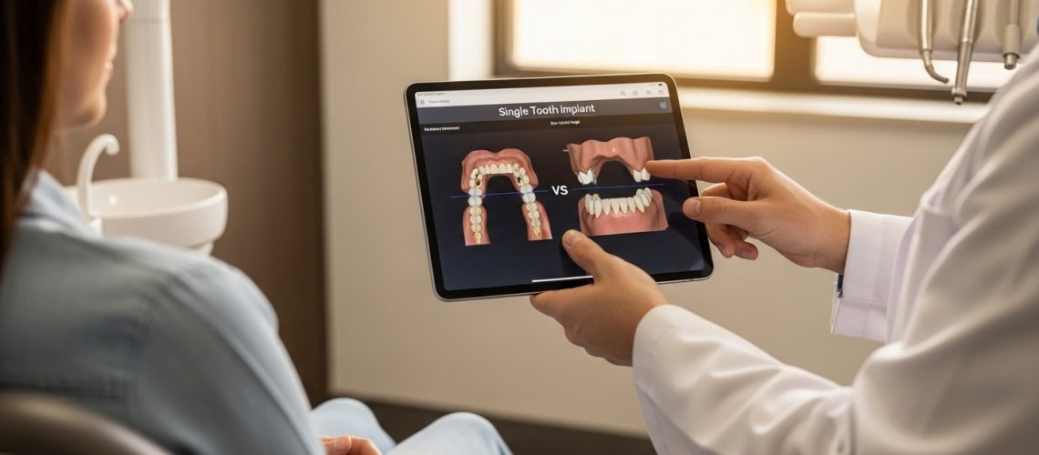 Dentist explaining single tooth implant vs dental bridge options to a patient