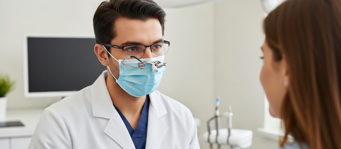 Dentist consulting with patient about dental implant care in a modern office setting