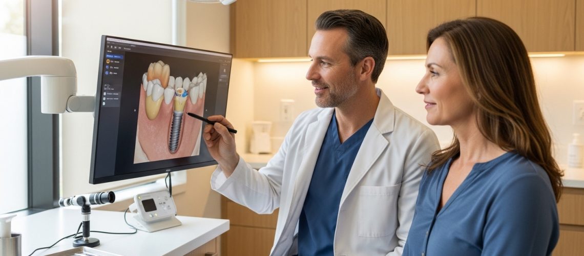 Dentist consulting a patient in a modern dental setting about implant care