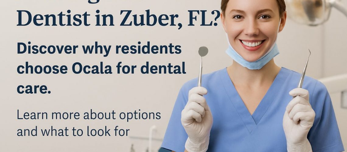 Photo of a smiling woman in the dentist's chair, with the dentist holding an implant model and pointing to it with a dental instrument, with Ocala, Florida in the background. No text on the image.