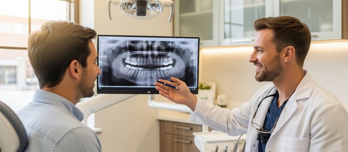 Dentist consulting with a patient about oral health in a modern dental office
