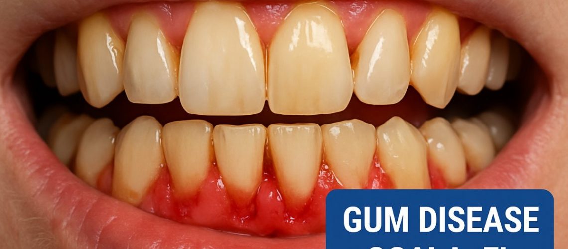 A dentist in Ocala, FL pointing to a digital x-ray displaying a patient's mouth with gum disease. The image highlights inflamed gums and bone loss around the teeth. No text on image.