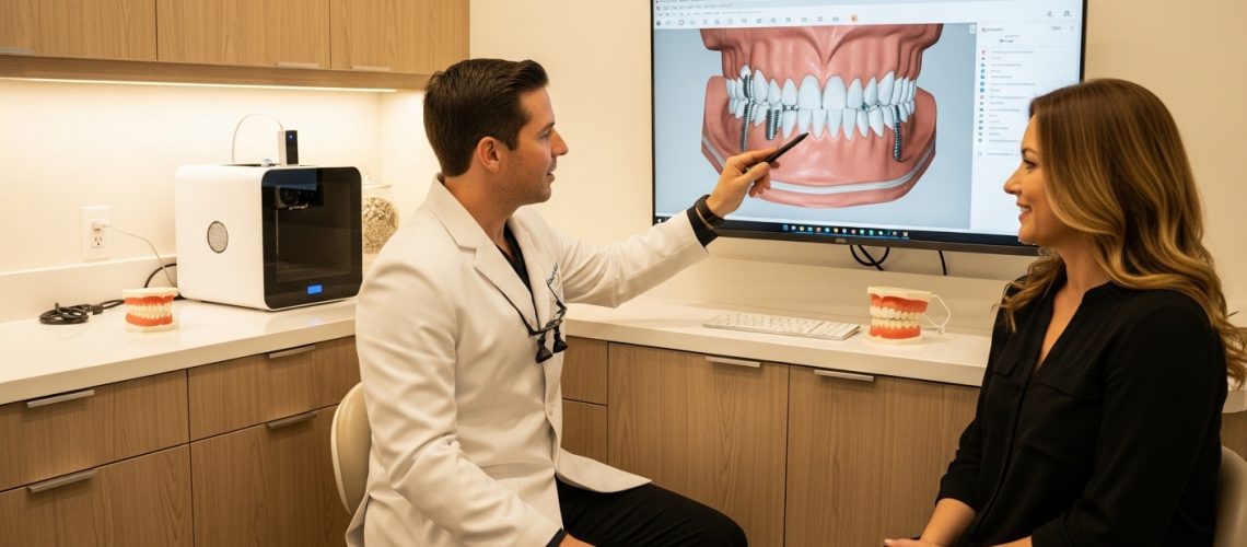 Dentist consultation in Ocala discussing denture implants with a patient.