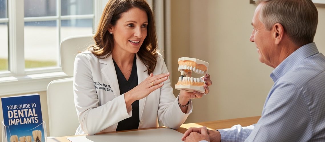 Dentist consulting with patient about dental implants in a modern office.