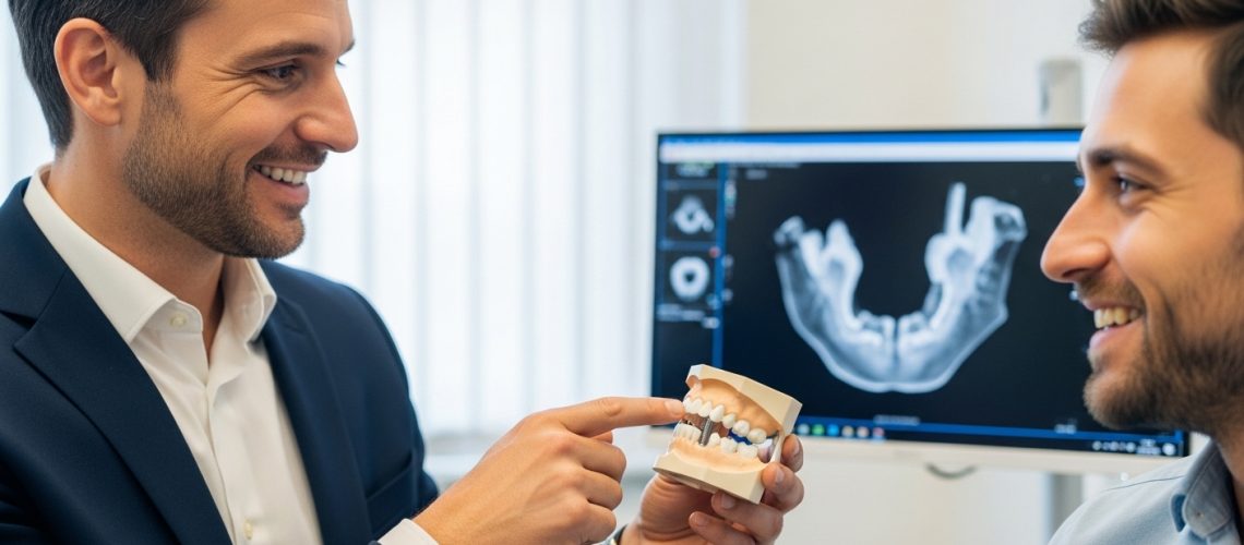 Dentist consulting with a patient about dental implants in a modern clinic.