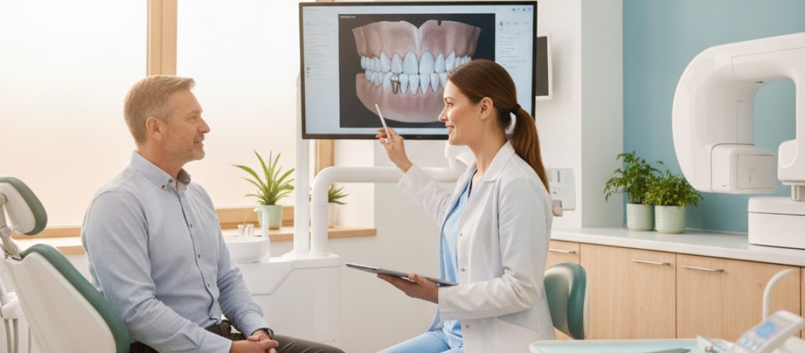 Patient consultation with dentist about dental implants in a modern South Ocala office