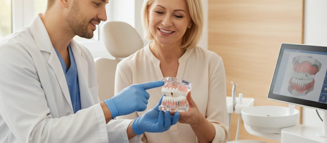 Dentist explaining full arch dental implants to a patient in Ocala office
