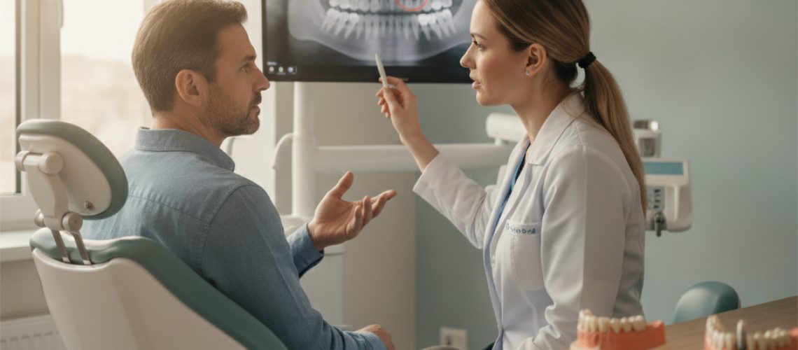 Dentist consulting a patient about dental implants in a modern clinic