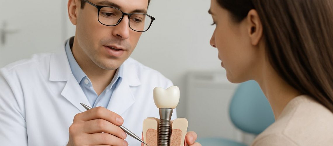 Image of a dentist explaining the parts of an endosteal implant to a patient using a model, highlighting the implant screw, abutment, and crown. No text on image.
