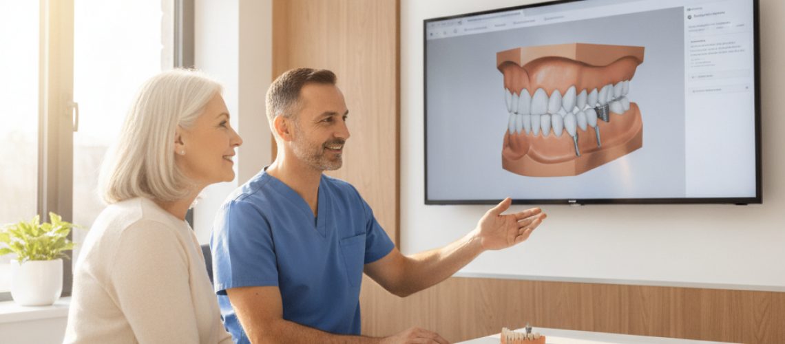 Dental consultation showing full arch implant options on a digital screen.