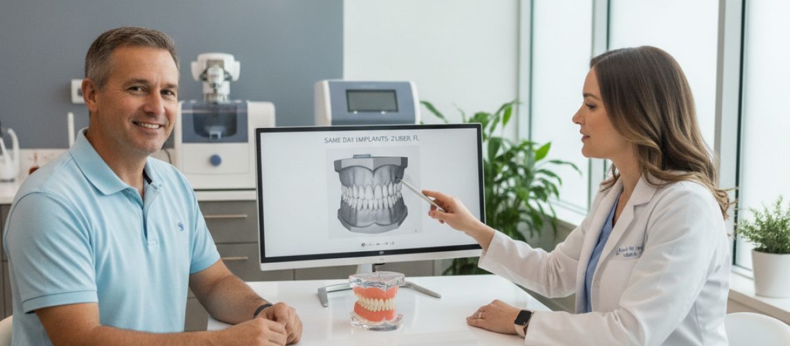 Patient at a dental consultation discussing same day implants in a modern office