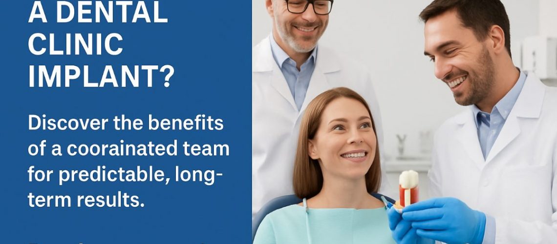 A dentist and surgeon collaborating over digital scans for a dental clinic implant, showcasing coordinated planning for optimal placement. No text on image.