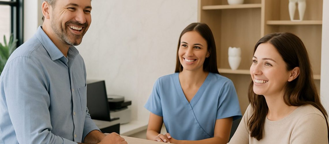 Photo of a modern and inviting dental implant clinic reception area with smiling patients and friendly staff. No text on image.