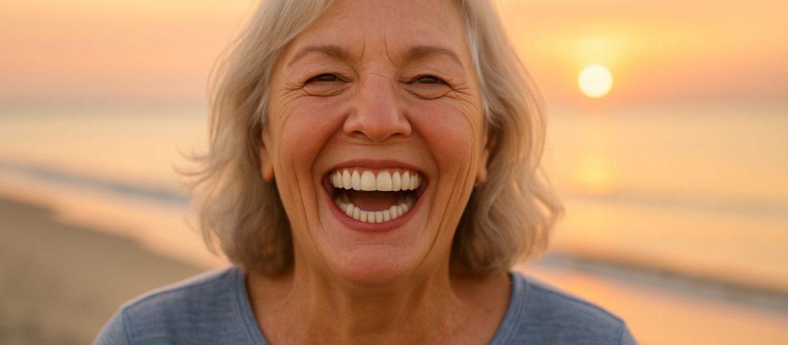 A smiling senior woman is laughing, showing off her perfect, white, full set of dental implants. The background is a blurred beach setting at sunset in Sunset Harbor, FL. No text on the image.