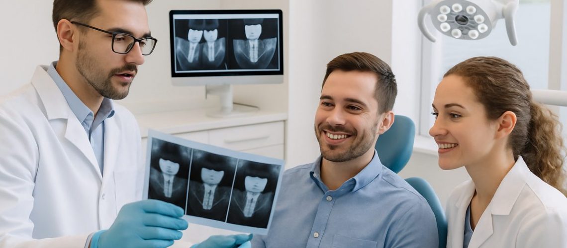 A modern dental office with two dentists, one male and one female, consulting over digital x-rays of dental implants with a smiling patient. The office is clean and bright, showcasing advanced dental technology in the background. No text on the image.