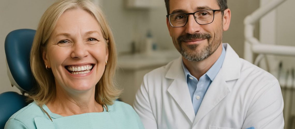 Photo of a woman happily smiling after receiving dental implants. She is in her early 50s, and the dentist is beside her, looking proud of his work. No text on the image.