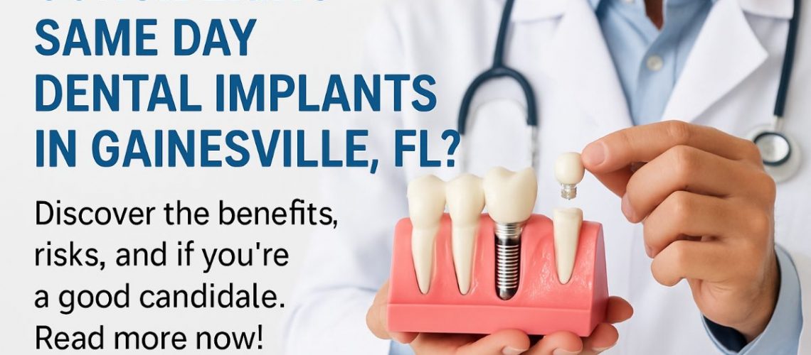 Image of a smiling woman in a dental chair, admiring her new same-day dental implant in a mirror, with a dentist beside her. The background shows modern dental equipment and a friendly dental office environment. No text on image.