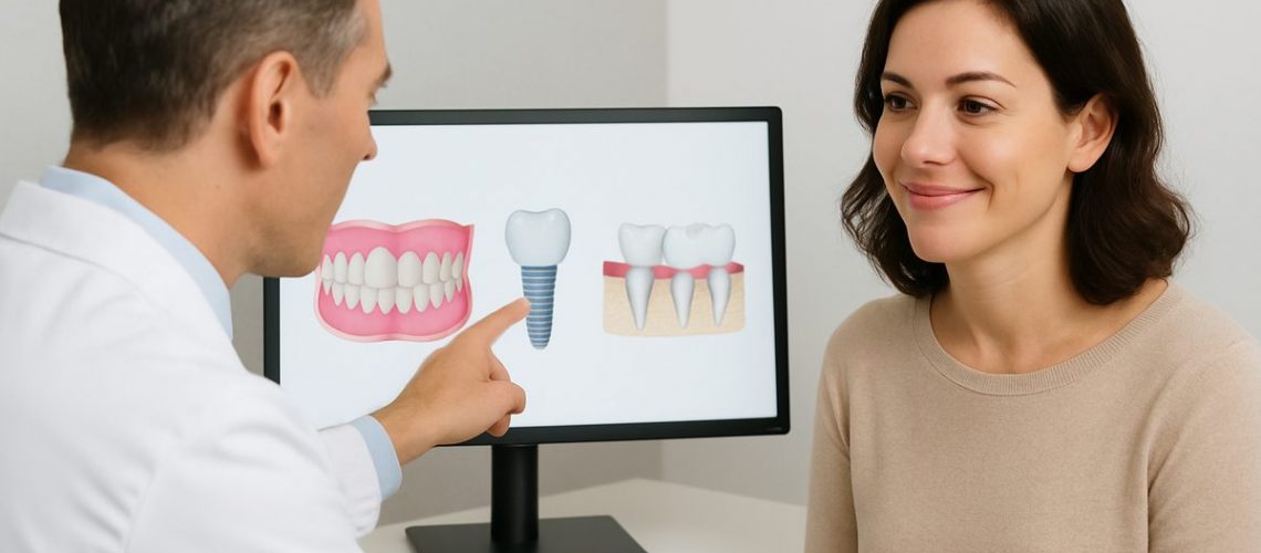 A dentist is pointing to a set of false teeth options on a screen, including dentures, implants, and bridges, while consulting with a patient. The patient is smiling slightly, and the dentist is wearing a white coat. No text on the image.