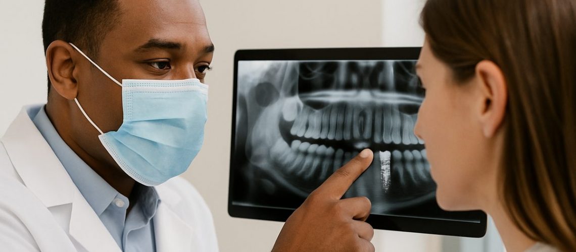A close-up of a dentist in Ocala, Florida, pointing to a dental implant on an x-ray for a patient, showcasing the implant's integration with the jawbone. No text on the image.