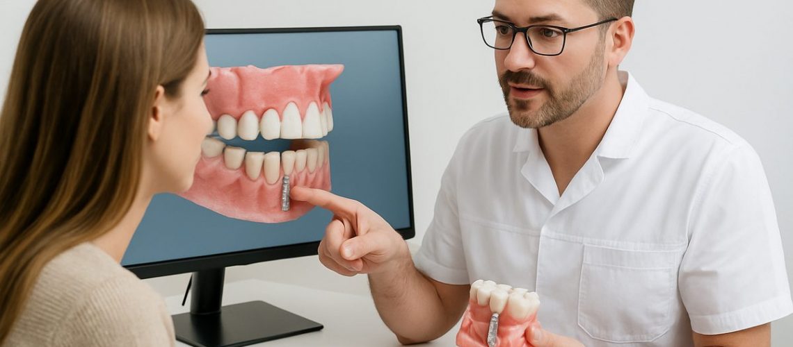 Image of a dentist consulting with a patient about dental implants. The dentist is pointing to a 3D model of the patient's mouth, highlighting the area where the implant would be placed. No text on the image.