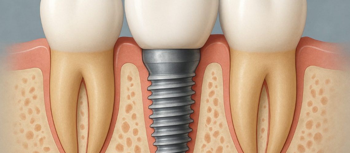 Close up angled shot of a dentist inserting a dental implant into a patient's lower jaw where a molar is missing. The image should be clean and professional, highlighting the precision of the procedure. No text on image.