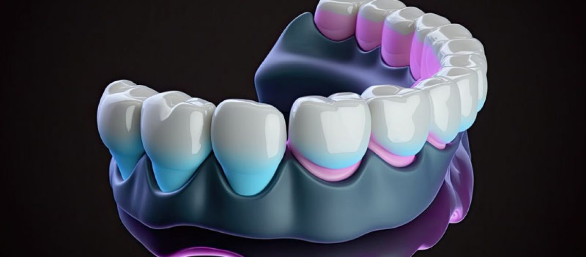 a digital model of a full row of dental implant replacement teeth.